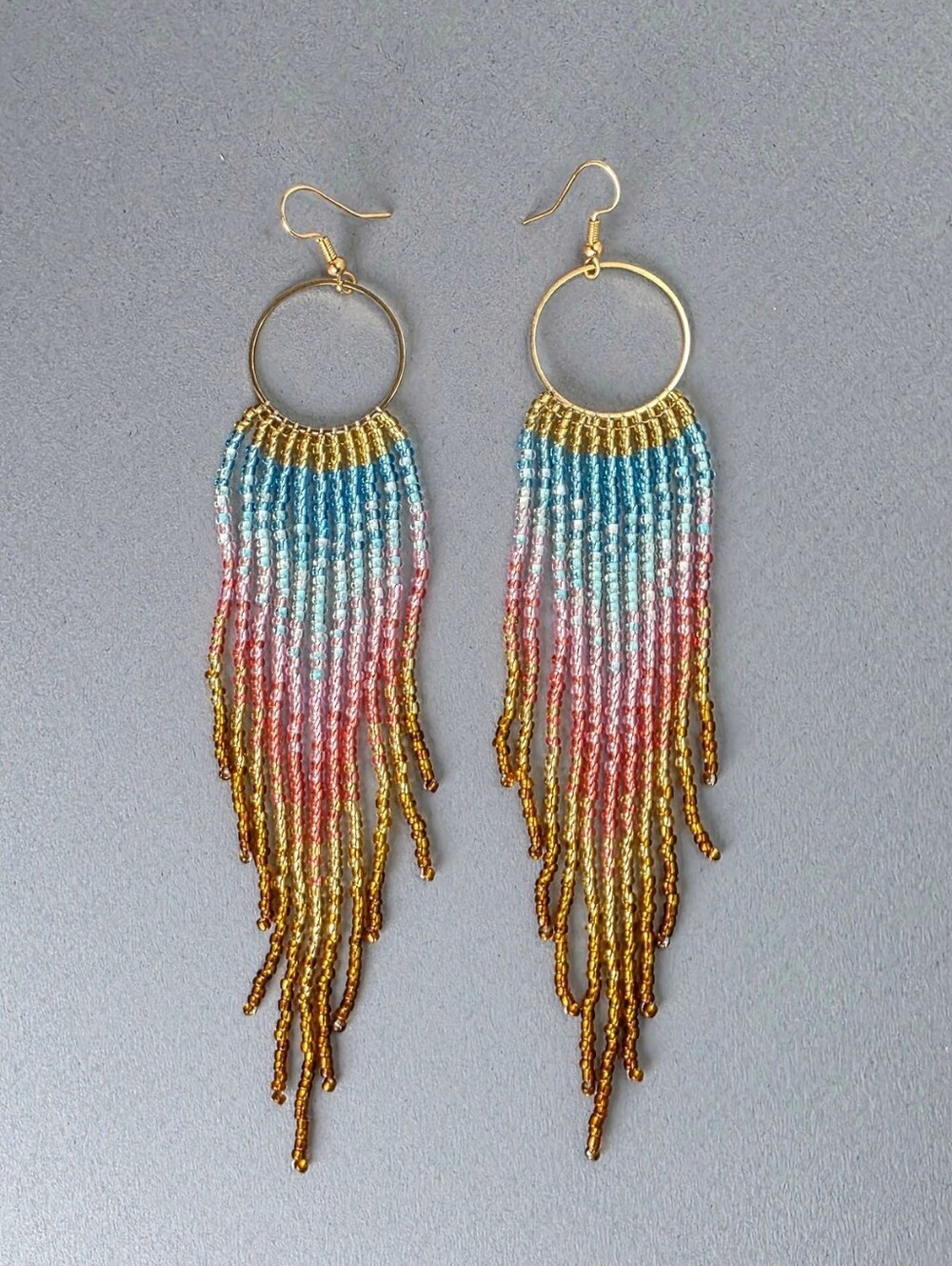Handmade Candy Ombre Geo Boho Fringe Beaded Earrings - Pink Blue Gold